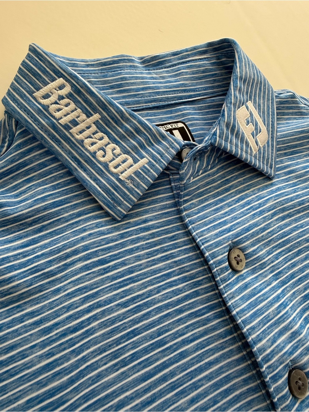 FootJoy FJ Golf Polo Shirt Men’s Blue Striped Athletic Fit Barbasol Tour Sz M